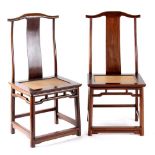 A pair of Chinese hongmu official's hat chairs, probably early 20th century, with woven seats (2) (