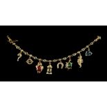 A fine charm bracelet by Adler, the 18ct yellow gold diamond set bracelet with eight multi gem set