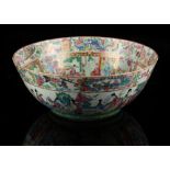 A Chinese Canton famille rose punch bowl, late 19th century, with painted panels depicting court