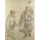 A painting on paper depicting two standing Daoist Immortals watching a smaller figure fleeing,