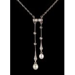 A diamond & pearl necklace, with two pearls suspended from diamond set links, with box clasp, 15.