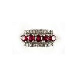 Property of a gentleman - an unmarked white gold ruby & diamond three row ring, approximately 4.7