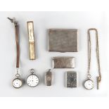 Property of a deceased estate - a bag containing assorted items including a silver visiting card