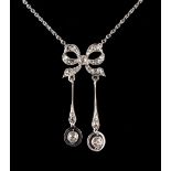 A Belle Epoque style 14ct white gold diamond twin tasselled ribbon necklace, 17.75ins. (45cms.) long