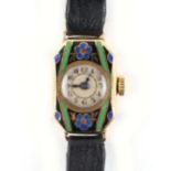 Property of a lady - a 1920's lady's 18ct yellow gold & enamel cased cocktail watch, with 15-jewel