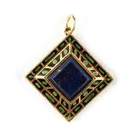 A yellow metal lapis lazuli & enamel diamond shaped pendant, probably Victorian, with hinged