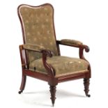 Property of a lady - a Victorian mahogany recliner armchair, with turned front legs terminating in