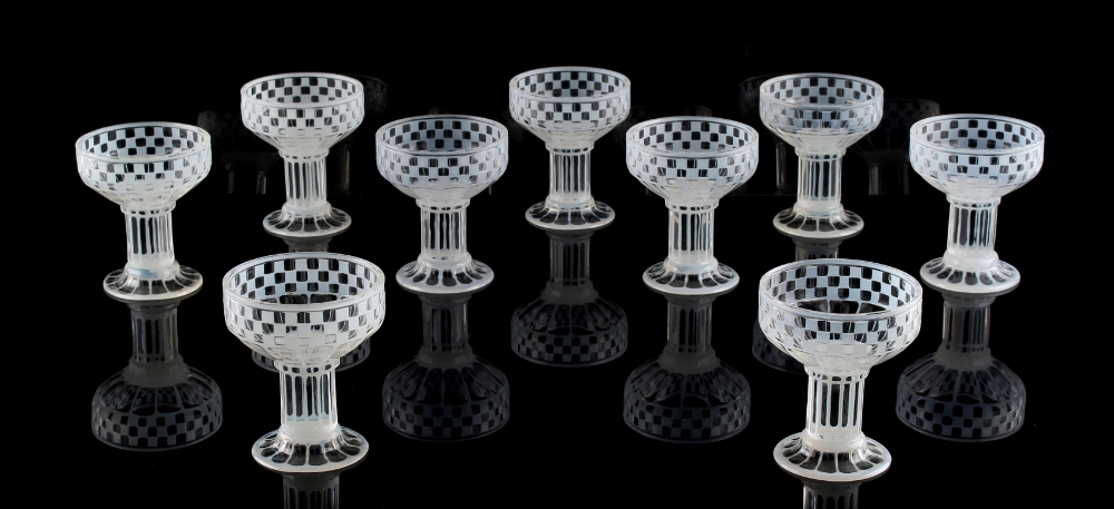 Property of a gentleman - a set of nine Art Deco style opaque white & clear glass sundae dishes,