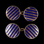 A pair of 9ct yellow gold & blue enamel striped circular panel cufflinks (2) (see illustration).