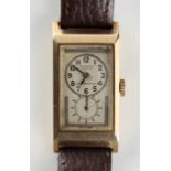 A 1930's gentleman's Rolex Prince Chronometre 9ct gold tank cased wristwatch, with subsidiary