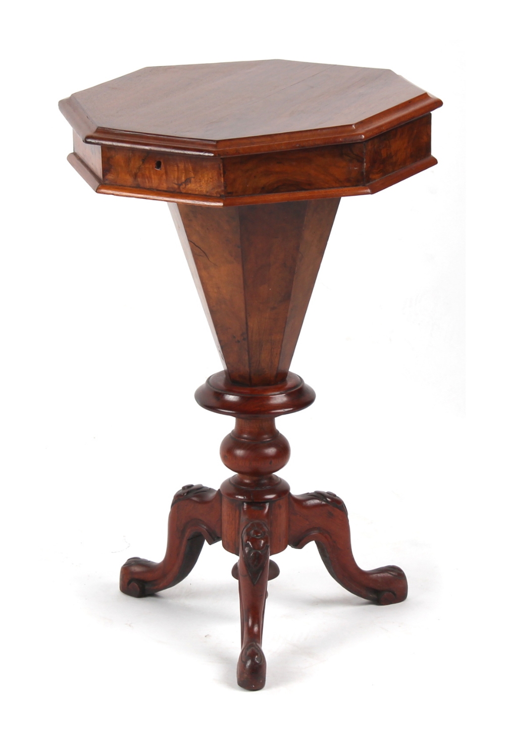 Property of a deceased estate - a Victorian walnut trumpet sewing table, with carved tripod base (