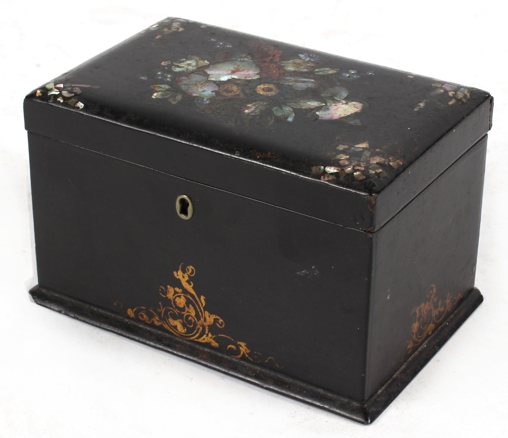 Property of a gentleman - a Victorian papier mache tea caddy with mother-of-pearl inlay, 7.5ins. (