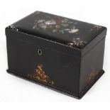 Property of a gentleman - a Victorian papier mache tea caddy with mother-of-pearl inlay, 7.5ins. (