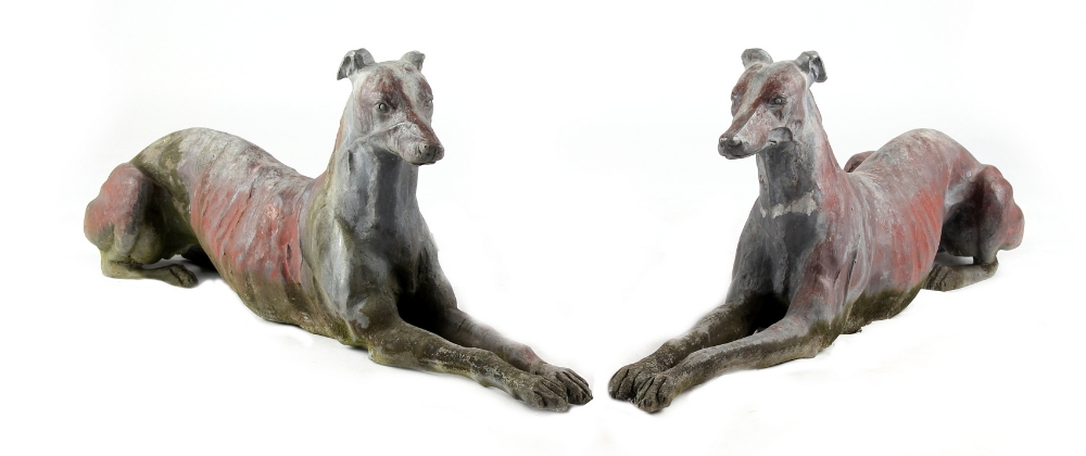 Property of a lady - a pair of life size lead models of recumbent greyhounds, in the style of Joseph