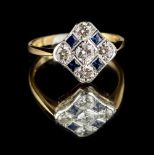 An Art Deco style 18ct yellow gold sapphire & diamond cluster ring, the millegrain diamond shaped