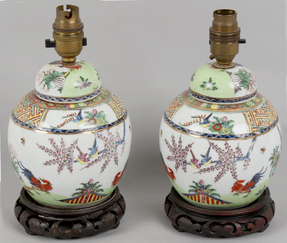Property of a lady - a pair of modern Chinese porcelain table lamps, each painted with chickens (