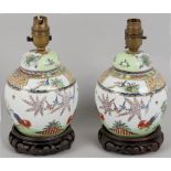 Property of a lady - a pair of modern Chinese porcelain table lamps, each painted with chickens (