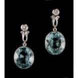 A pair of aquamarine & diamond pendant drop earrings, the oval cut aquamarines each weighing