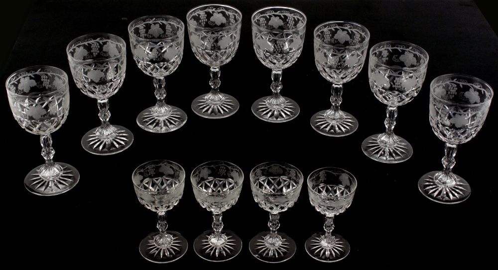 Property of a gentleman - a set of eight good quality cut glass large wine glasses with etched