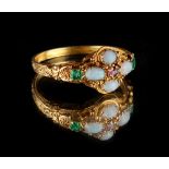 A Georgian yellow gold ruby emerald & opal cluster ring, with engraved setting & shank, size N (