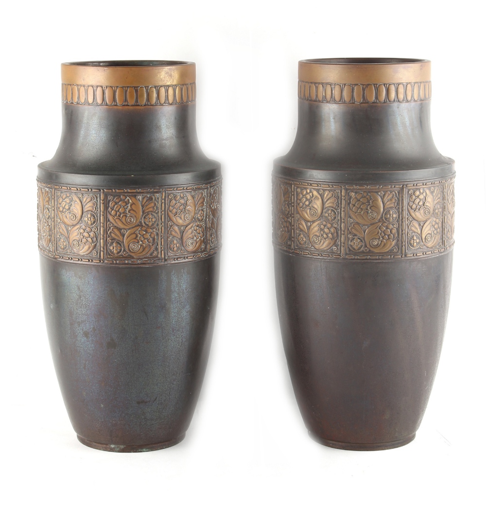 Property of a deceased estate - a pair of Gebruder Bing Nuremburg (GBN) brass Secessionist vases,