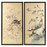 A pair of Chinese Republic period paintings on silk depicting red crowned cranes & pheasants among
