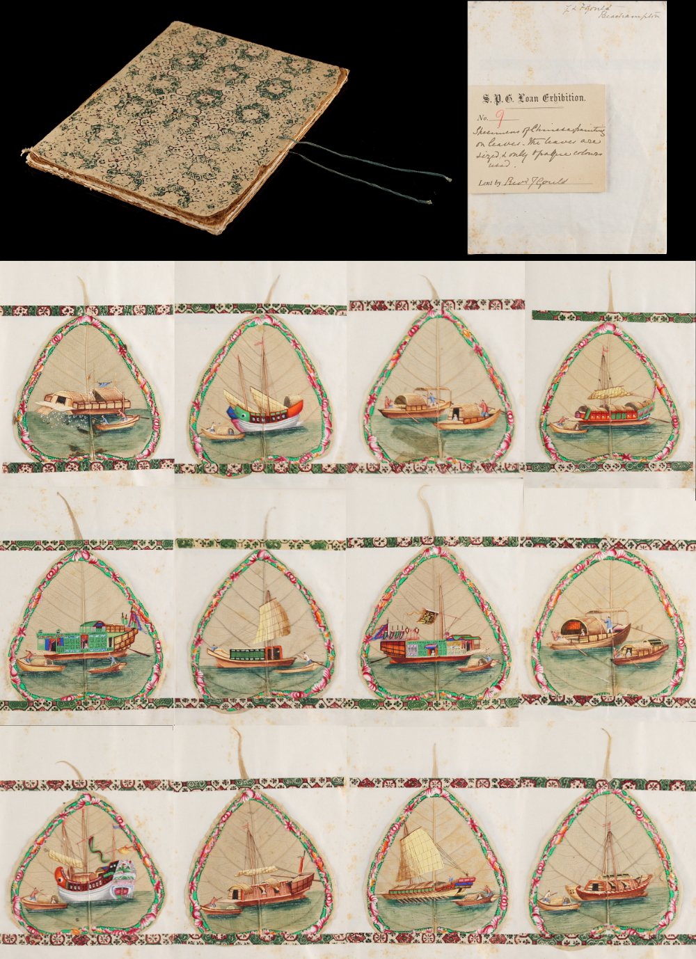 An album containing a complete set of twelve 19th century Chinese paintings on leaves, depicting