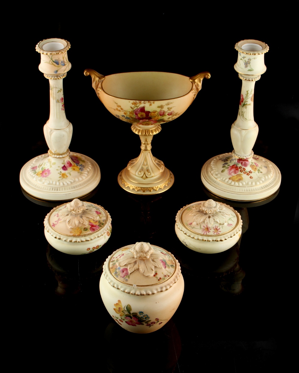 Property of a lady - a late Victorian floral painted blush ivory five piece dressing table set