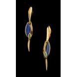 A pair of modern 14ct yellow gold emerald & lapis lazuli pendant earrings by Charisma, with clip &