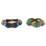 Property of a lady - two Chinese filigree silver & enamel panel link bracelets, one set with lapis