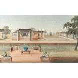 A mid 19th century Chinese painting on paper depicting terraces in formal gardens, 11.25 by 18.3ins.