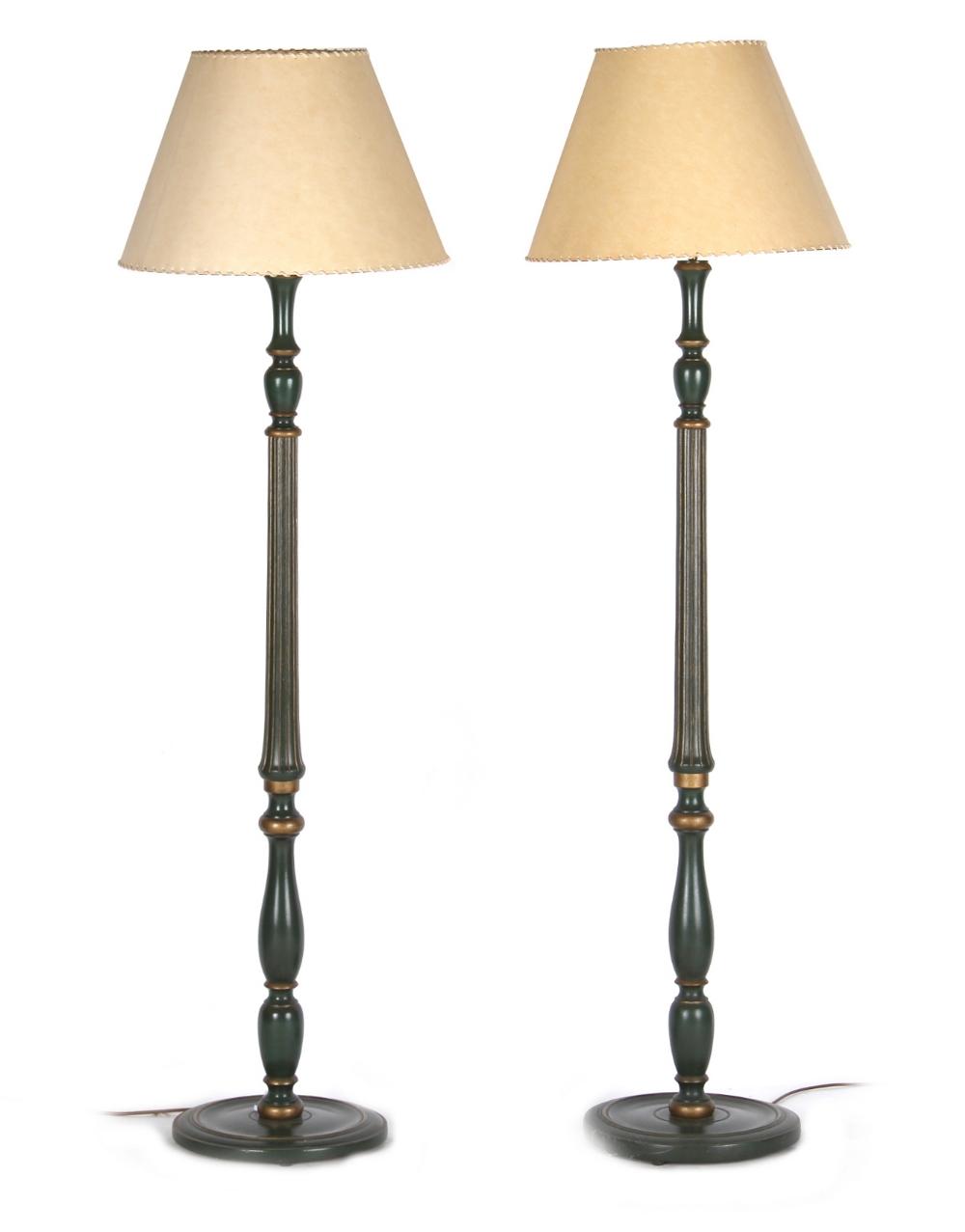 Property of a gentleman - a pair of green & gilt painted standard lamps (2) (see illustration).