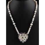A 14ct white gold pearl sapphire & diamond heart shaped pendant necklace, French (Paris) owl gold