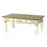 Property of a gentleman - an olive green painted rectangular topped coffee table, 47ins. (119.5cms.)