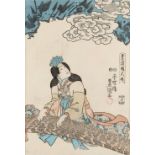 Utagawa Toyokuni III (1786-1865) - A Lady Playing a Koto - woodblock print, oban, circa 1847-52,