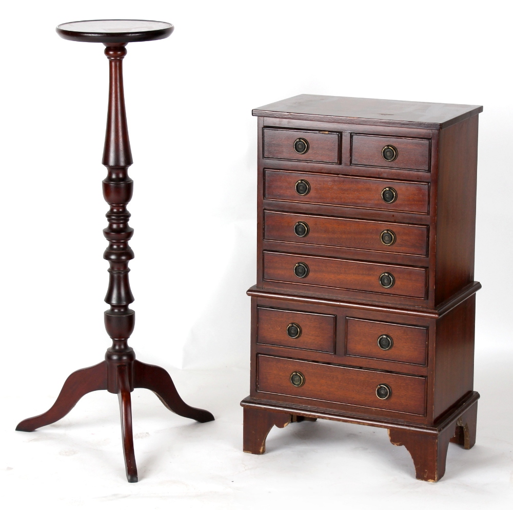 Property of a deceased estate - a small reproduction mahogany tallboy, 19.3ins. (49cms.) wide (