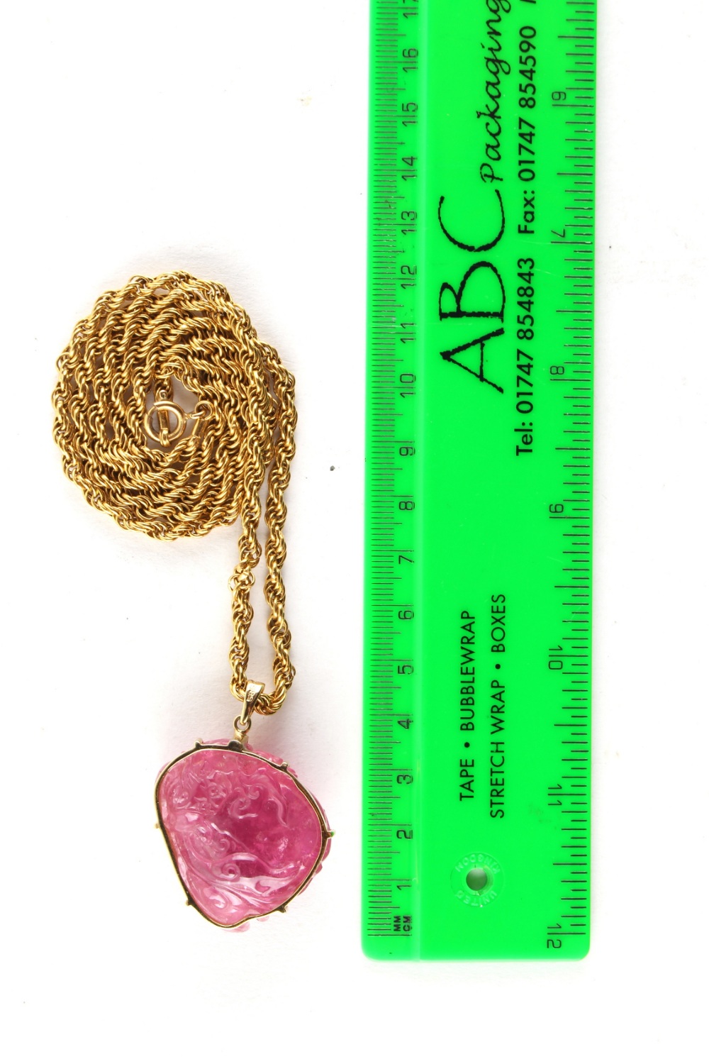 Property of a lady - a large Chinese carved pink tourmaline pendant modelled as two chilong around a - Image 3 of 7