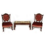 Property of a lady - a pair of Victorian carved walnut & pink button upholstered nursing chairs;
