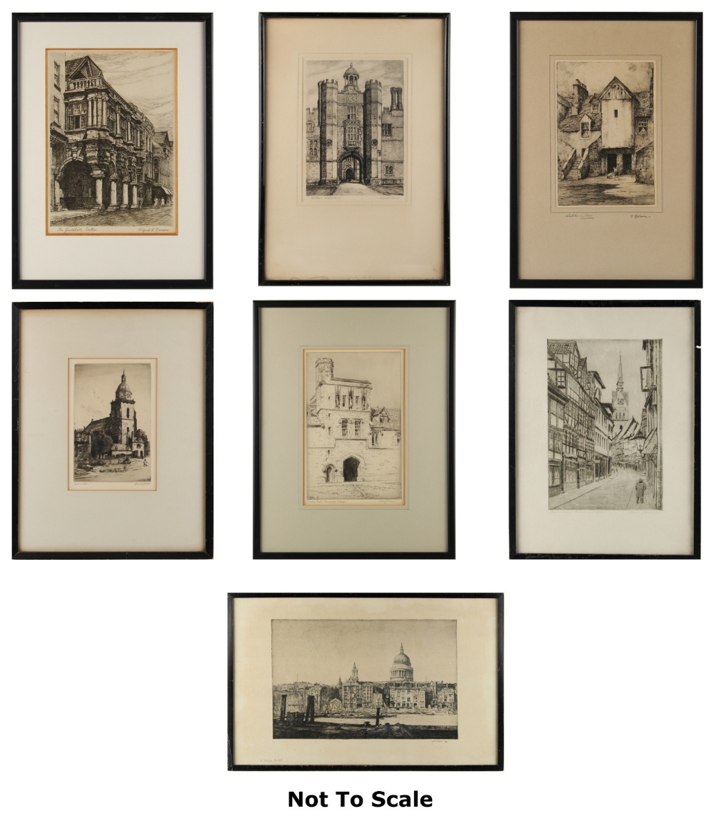 Property of a lady - a collection of seven early 20th century black & white etchings including works