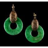 Property of a lady - a pair of yellow metal mounted Chinese apple green jadeite bi disc earrings,