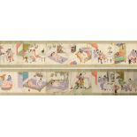 A complete set of twelve Chinese erotic paintings on paper, early 20th century, mounted as a hand