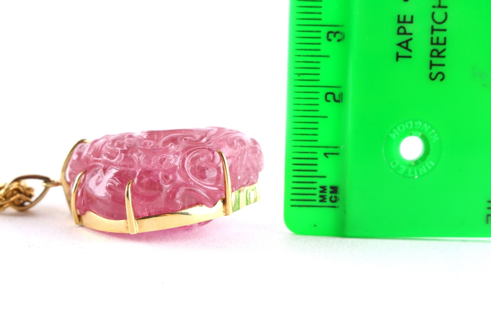 Property of a lady - a large Chinese carved pink tourmaline pendant modelled as two chilong around a - Image 4 of 7