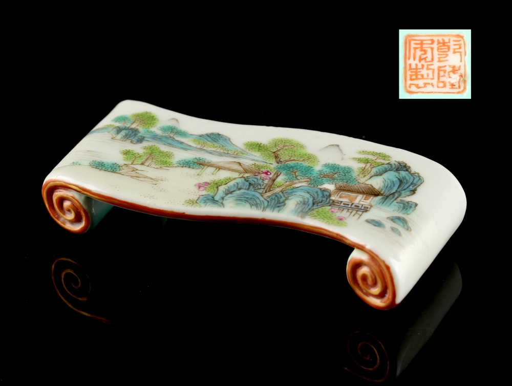 A Chinese famille rose scroll stand, painted with pavilions in mountainous landscape, the