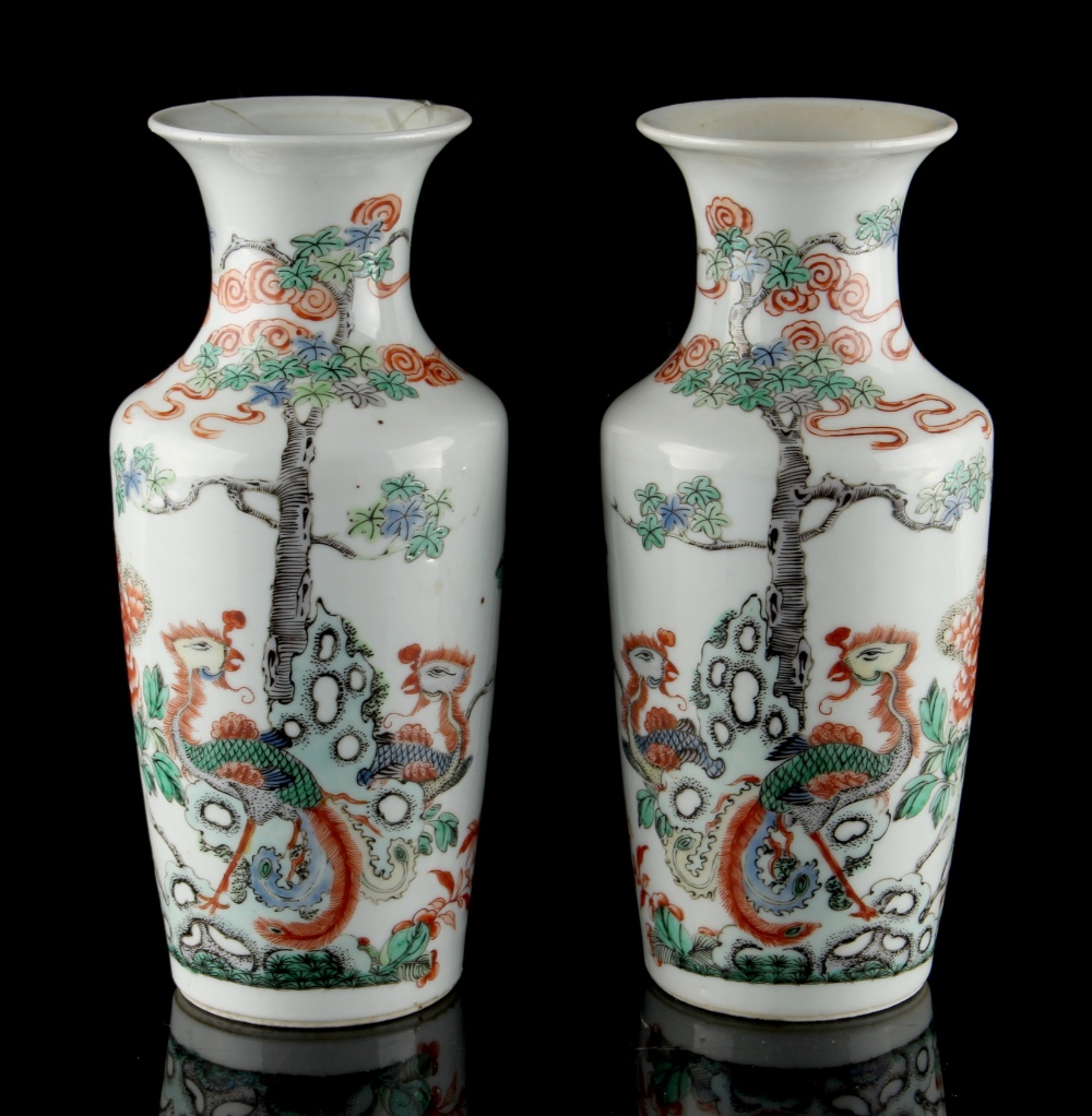 A pair of Chinese famille verte rouleau vases, late 19th / early 20th century, each painted with two