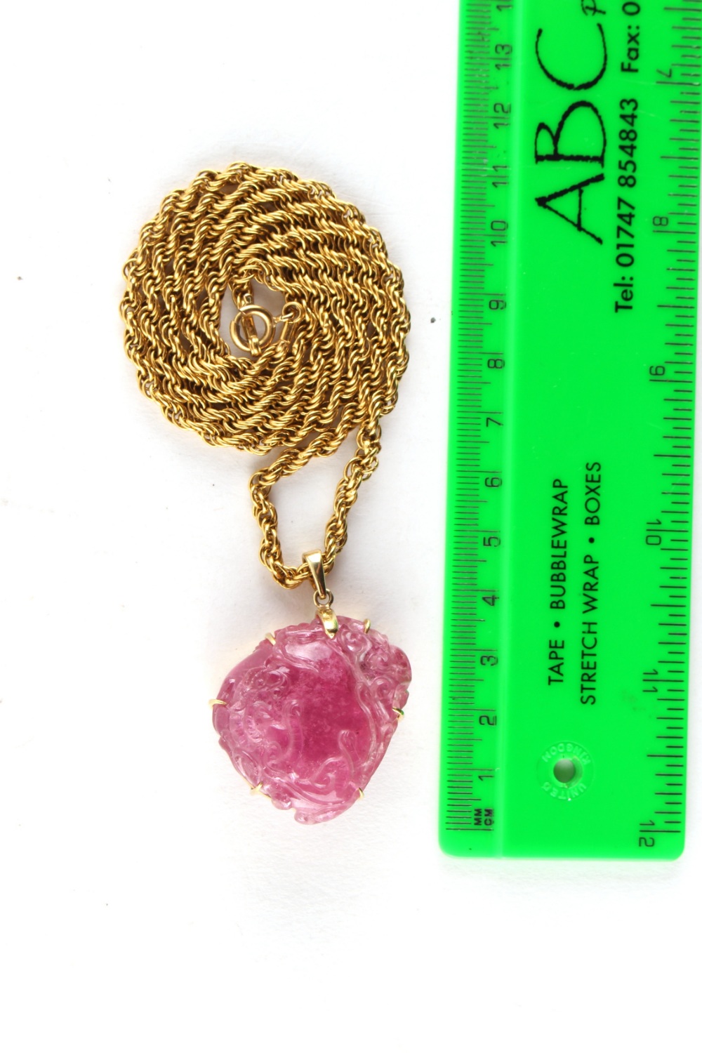 Property of a lady - a large Chinese carved pink tourmaline pendant modelled as two chilong around a - Image 2 of 7