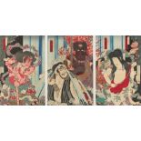 Toyohara Kunichika (1835-1900) - Kabuki Actors - a triptych, woodblock prints, oban, circa 1883,