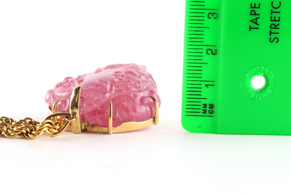 Property of a lady - a large Chinese carved pink tourmaline pendant modelled as two chilong around a - Image 5 of 7