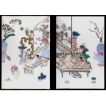 A pair of Chinese famille rose rectangular plaques depicting erotic scenes, each 10.05 by 15.