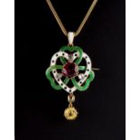 A garnet yellow sapphire diamond & enamel brooch or pendant, the garnet approximately 1.48 carats,