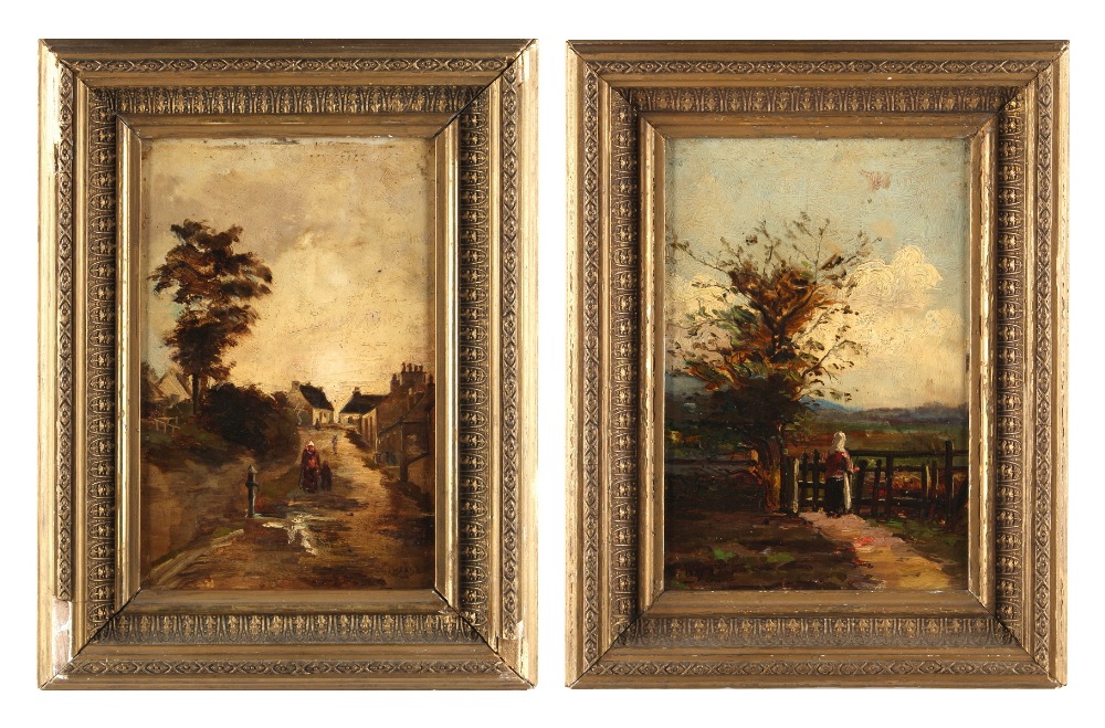 English school (late 19th century) - FIGURES ON VILLAGE STREET and FIGURE IN LANDSCAPE - a pair,